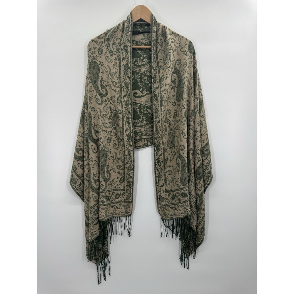 Womens Scarf Wrap Shawl Green Beige Floral Paisley Fringe Pashmina Boho Cottage - Picture 2 of 8